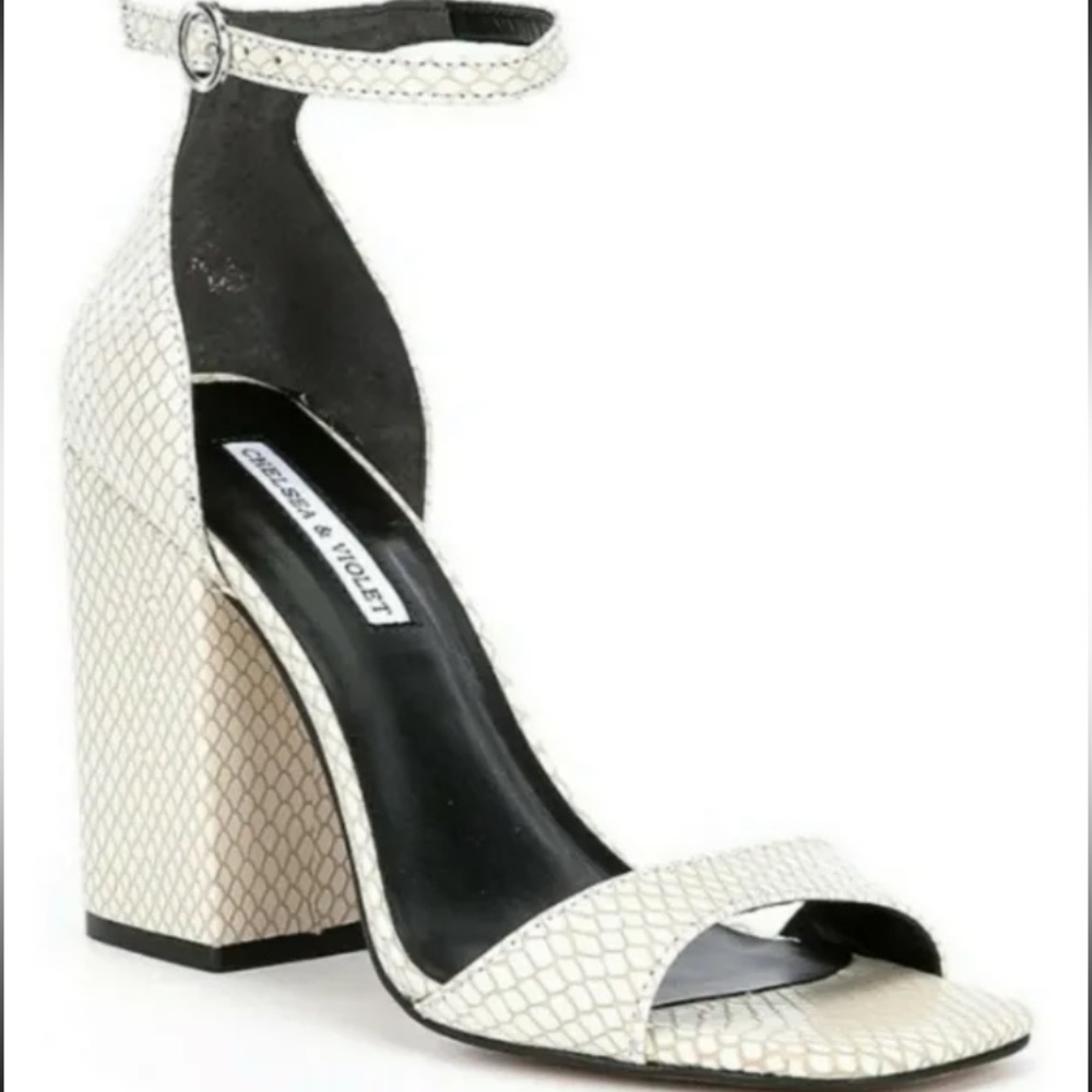 Chelsea & Violet Tara chunky block heels snake print leather ankle closure